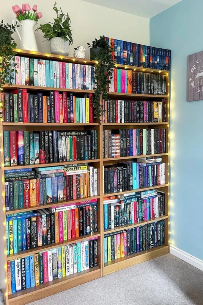 Brighten Bookshelves with Fairy Lights and Greenery