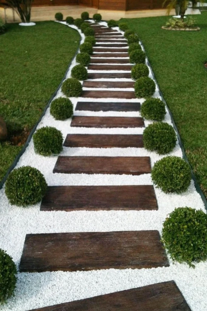 Wooden Slab and Gravel Walkway