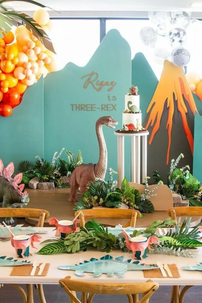 Volcano Backdrop with Jungle Table Setup