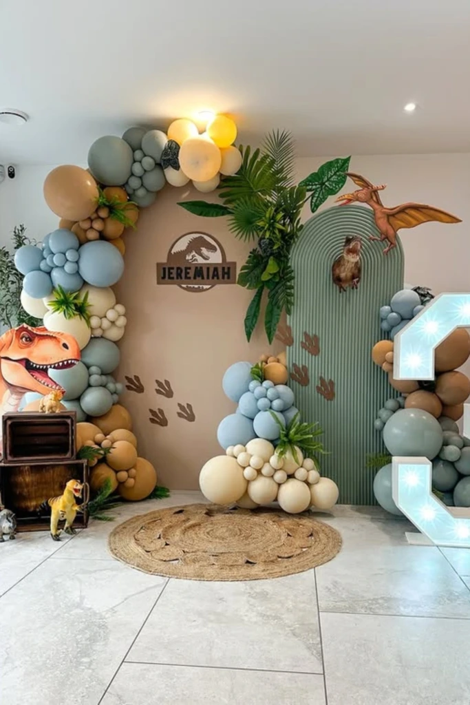 Neutral Dino Balloon Arch with Light-Up Number