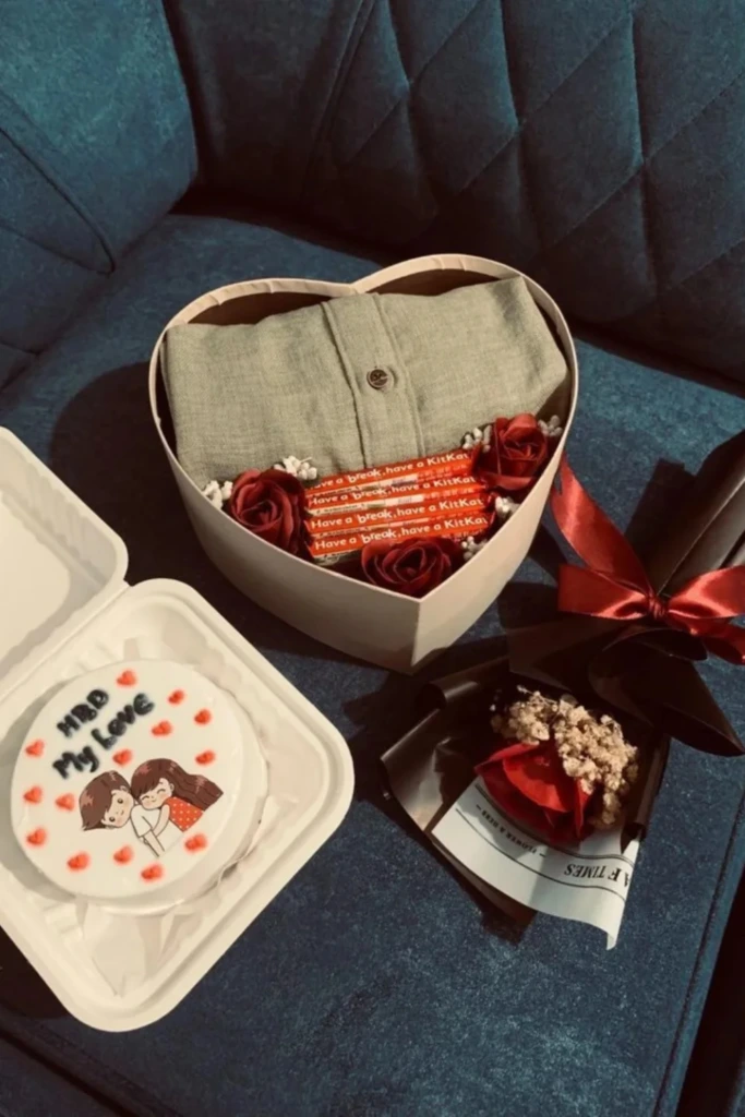 Heart Box with Shirt and Mini Cake