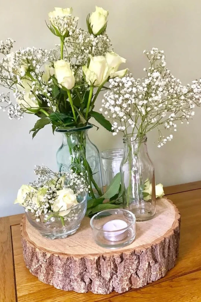 Mix Bottled Blooms on Wood Slices