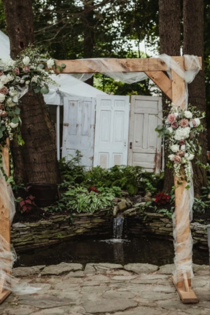 Rustic Wooden Arch by the Pond