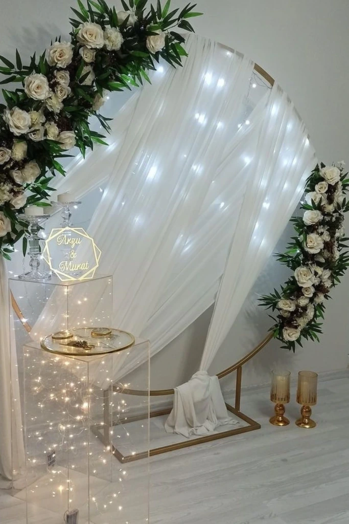 White Draped Circle Arch with Fairy Lights