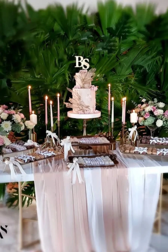 Elegant Dessert Display with Tropical Backdrop
