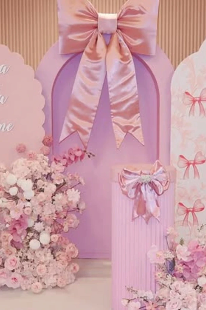 Pink Bow-Themed Backdrop with Floral Accents