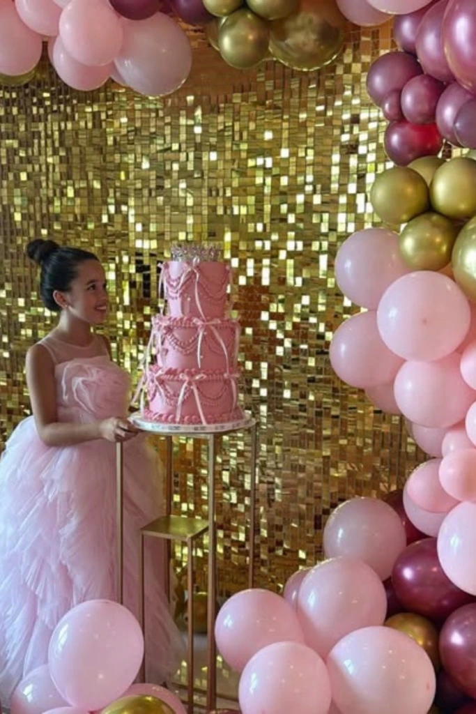Glam Gold Sequin Wall with Pink Balloons