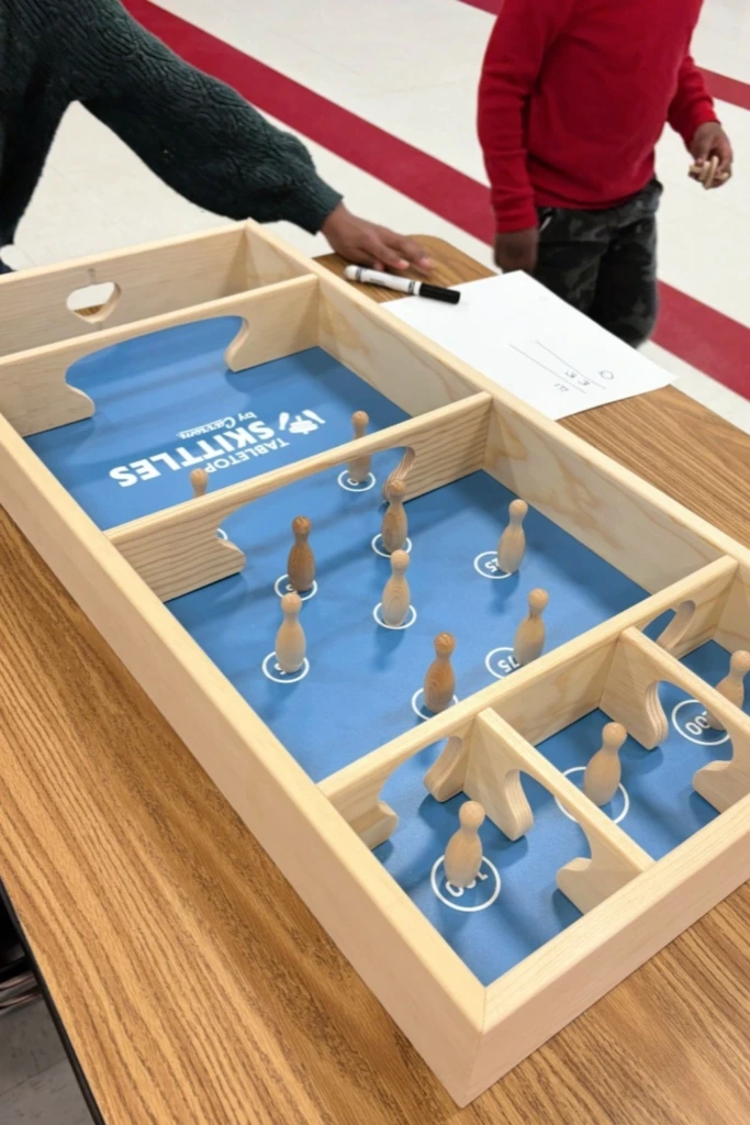 Tabletop Skittles Game with Bright Overhead Light