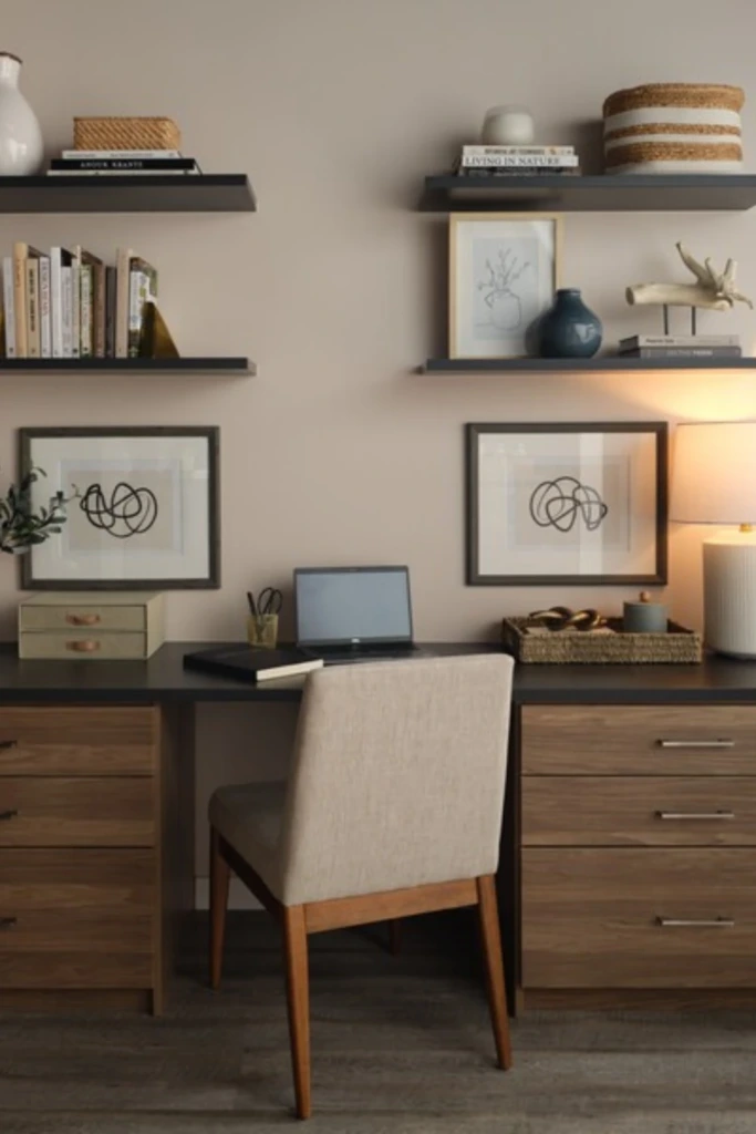 Layered Shelving with Warm Desk Lighting