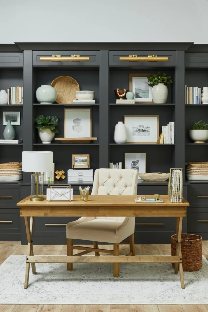 Library-Inspired Office with Balanced Shelving