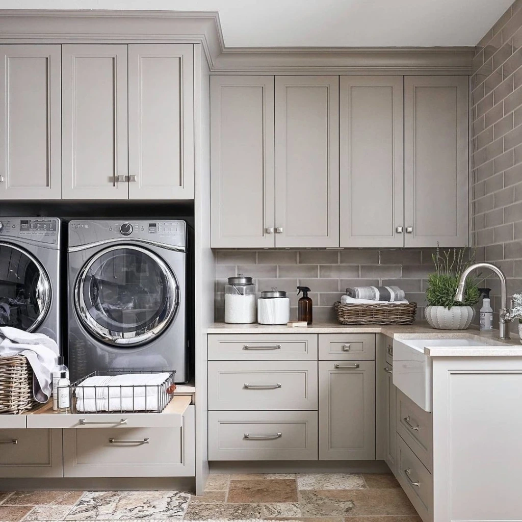 4. Greige Laundry Room with Hidden Drawer Detergent Storage