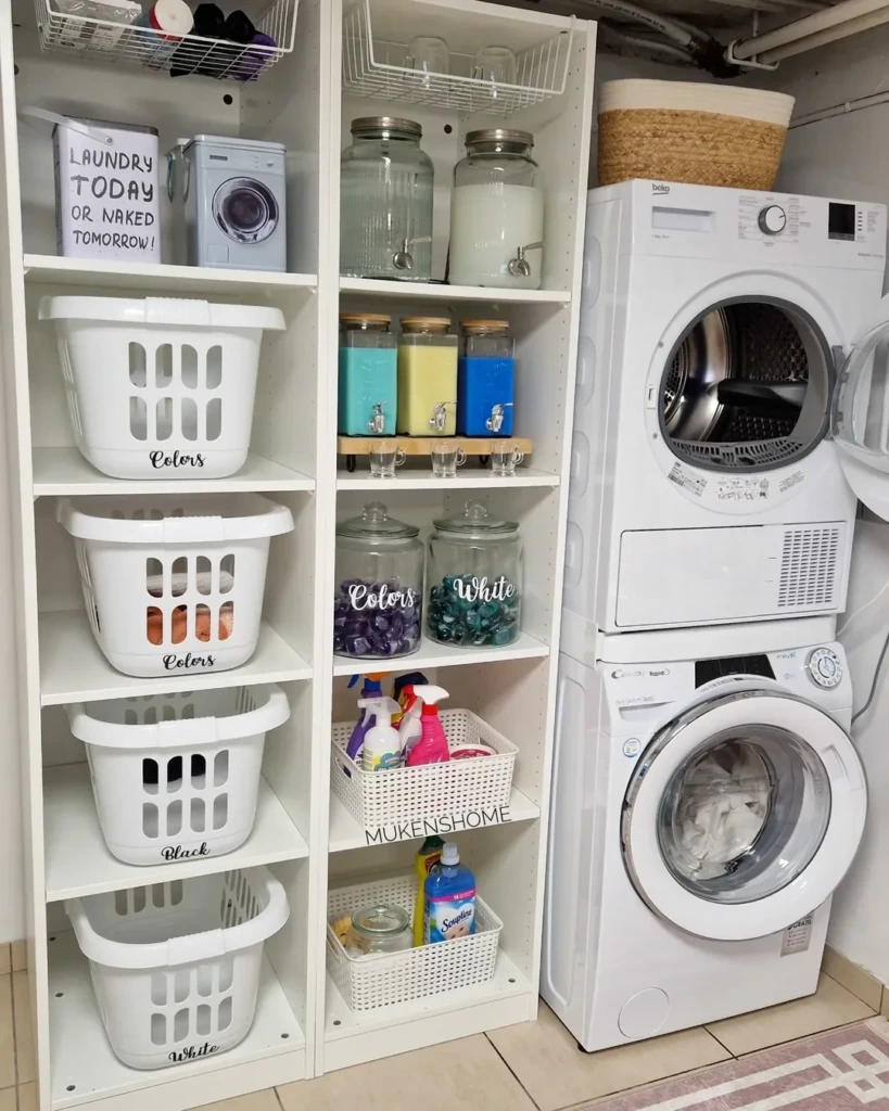5. Color-Coded Laundry Storage with Glass Dispensers