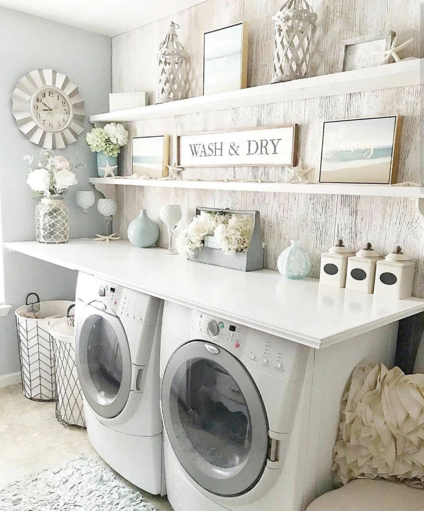 6. Coastal Farmhouse Laundry with Apothecary Detergent Canisters