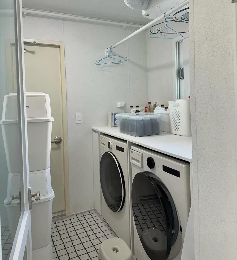 7. Compact Korean Laundry with Clear Bin Pod Storage