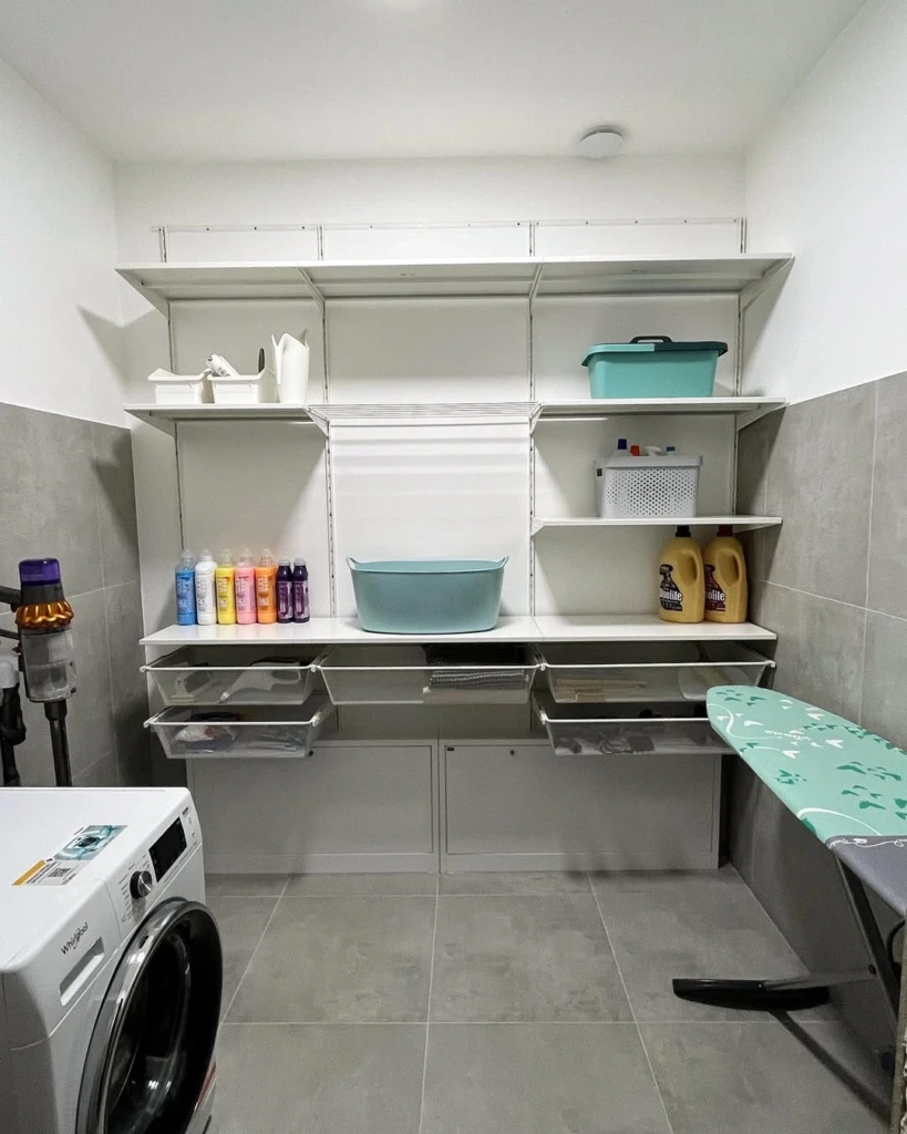 12. Open Wire Shelving with Color-Sorted Detergent Bottles