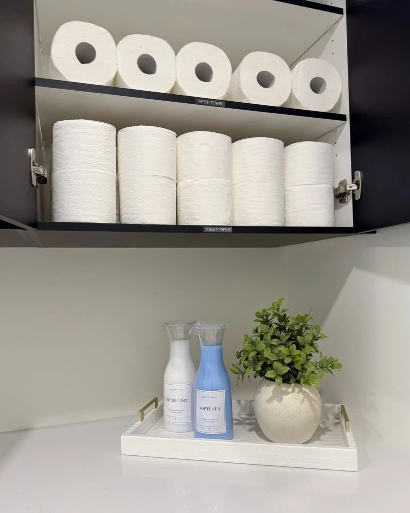 14. Floating Shelves with Cork-Topped Detergent Bottles
