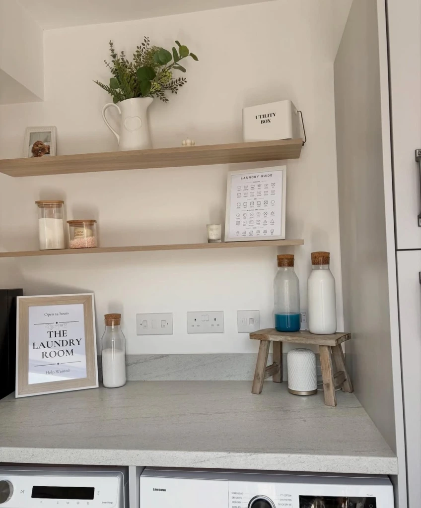 15. Refilled Glass Beverage Dispensers with Floating Wood Shelf