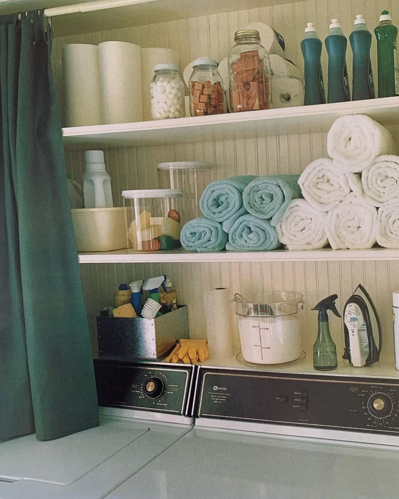 22. Vintage Inspired Laundry Shelves with Mason Jar Detergent Storage