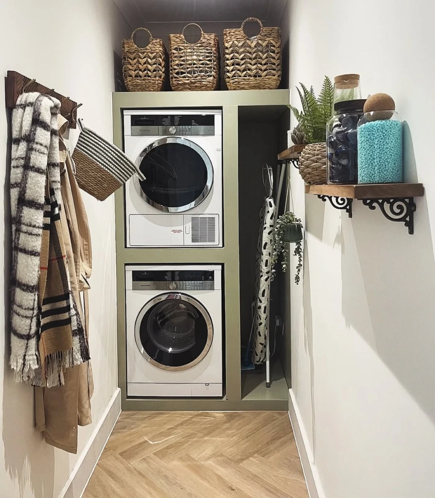 26. Compact Laundry Closet with Color-Coordinated Detergent Display