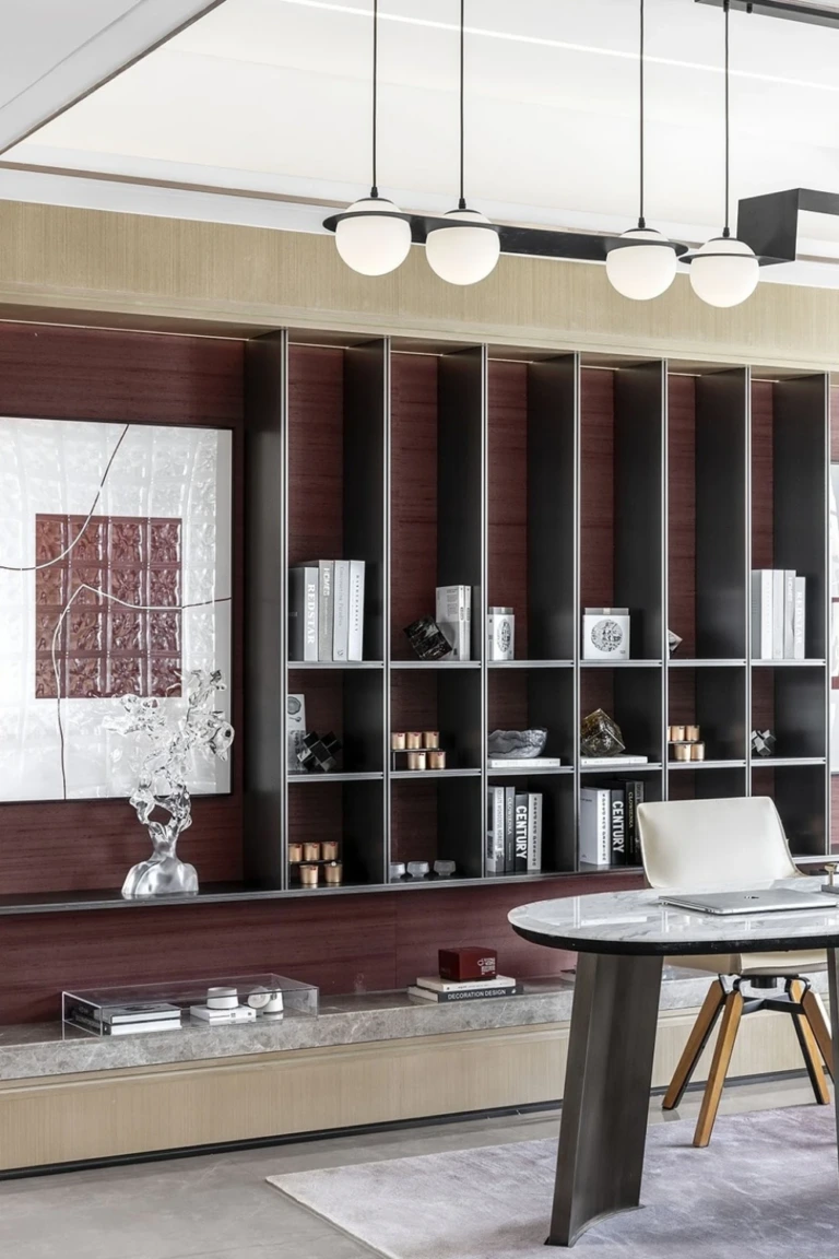 Built-In Wall Shelf Grid for a Polished Office Look