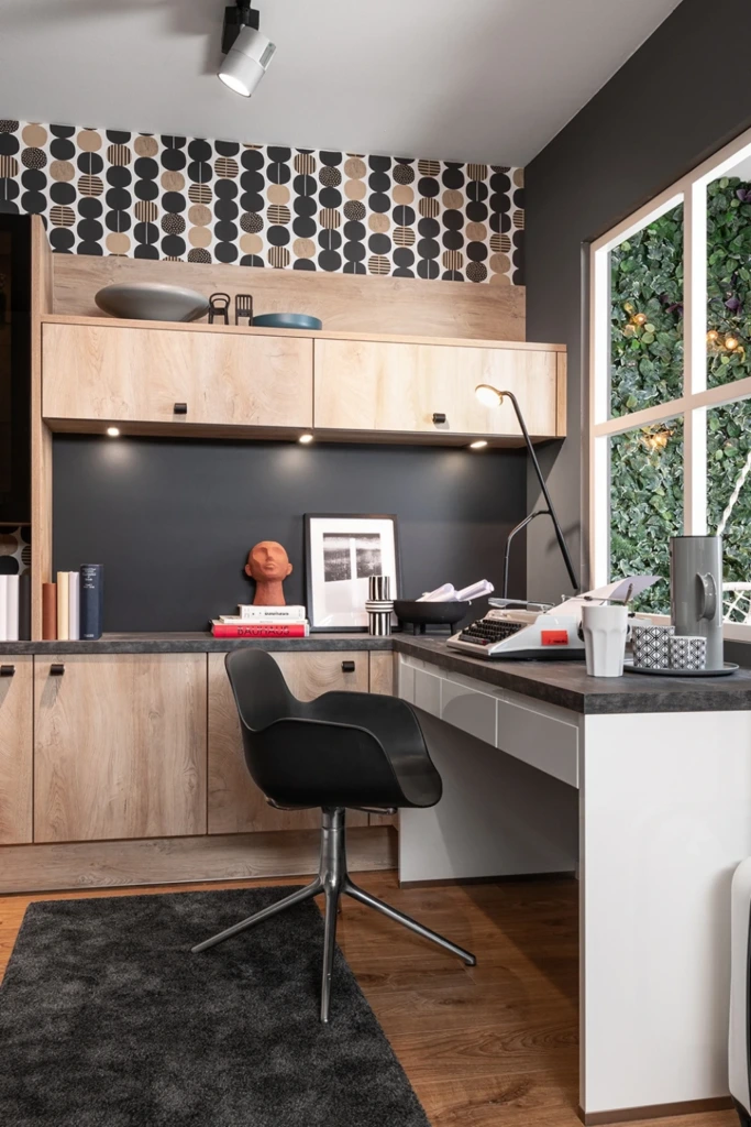Wood-Tone Cabinet Wall with Pattern Accent