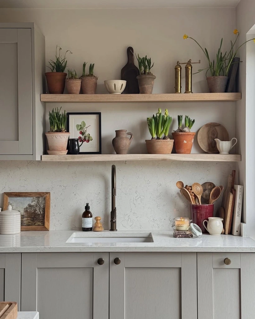 1. Neutral Rustic Shelves with Potted Greens