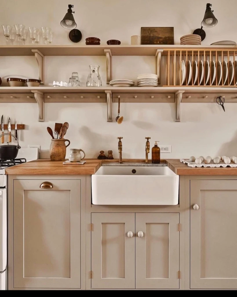 2. Warm Wood Open Shelving with Classic Dish Display