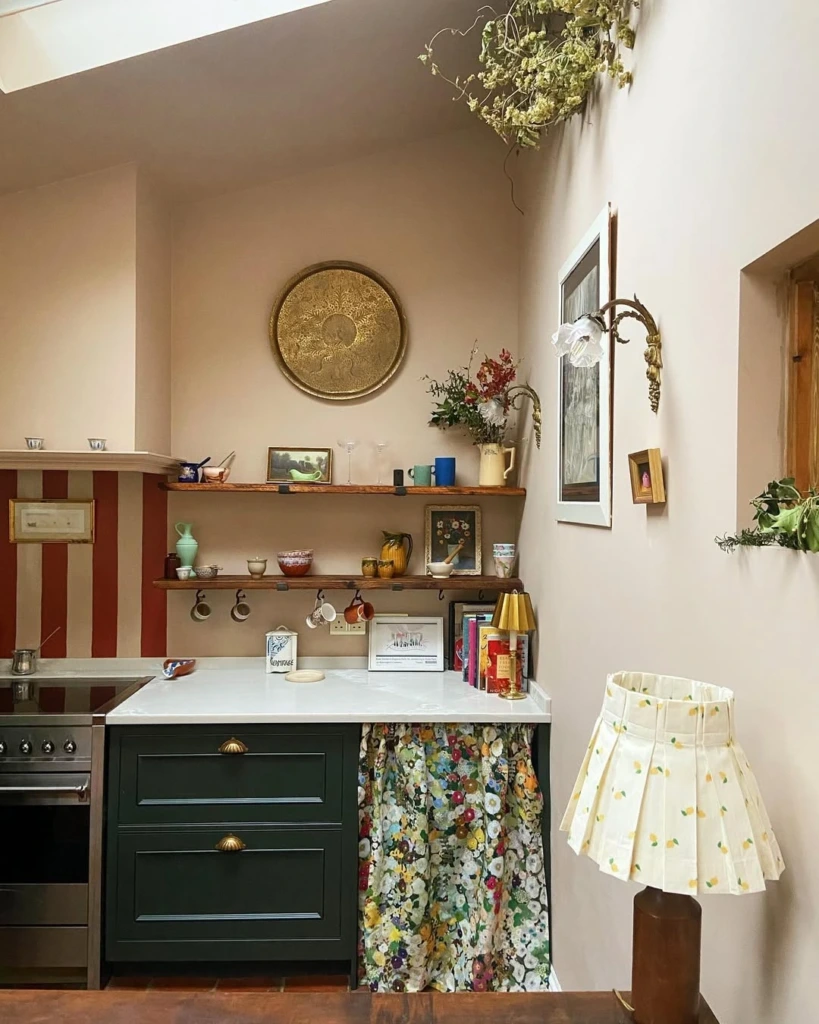 4. Eclectic Cottage Kitchen with Layered Open Shelves