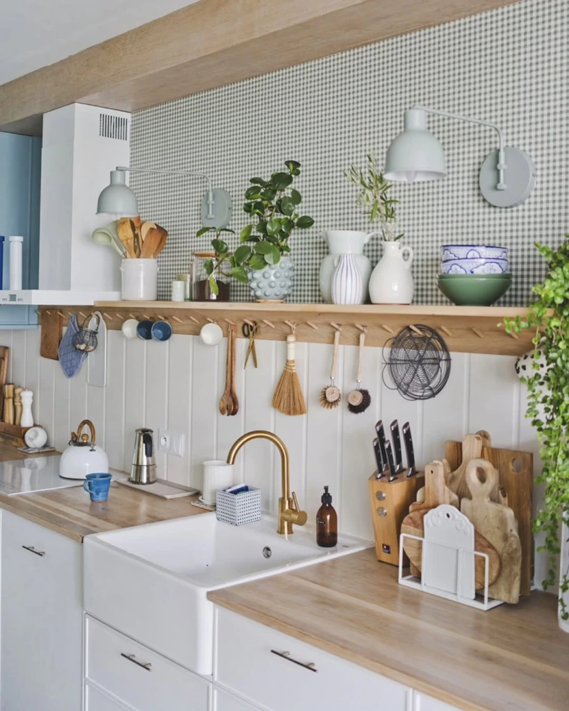 5. Fresh Green Backsplash with Functional Open Shelf Styling