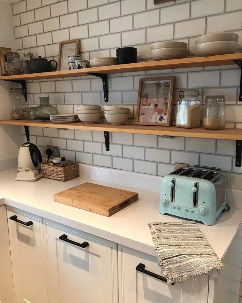 12. Simple Wooden Shelves with Everyday Essentials