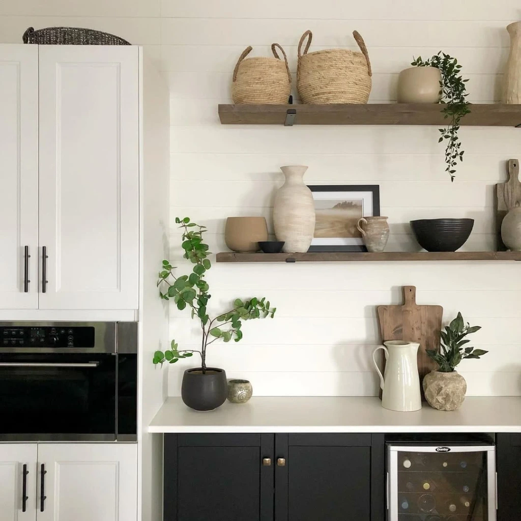 14. Layered Neutral Shelves with Organic Decor