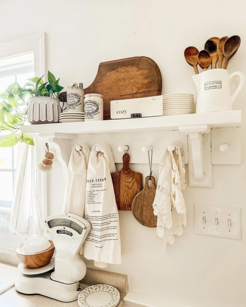 15. Bright Farmhouse Shelf with Hanging Hooks