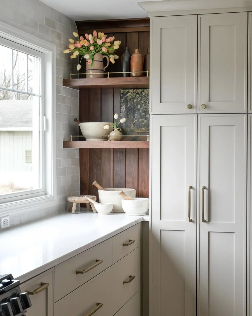 17. Warm Wood Accent Shelves with Styled Vignettes