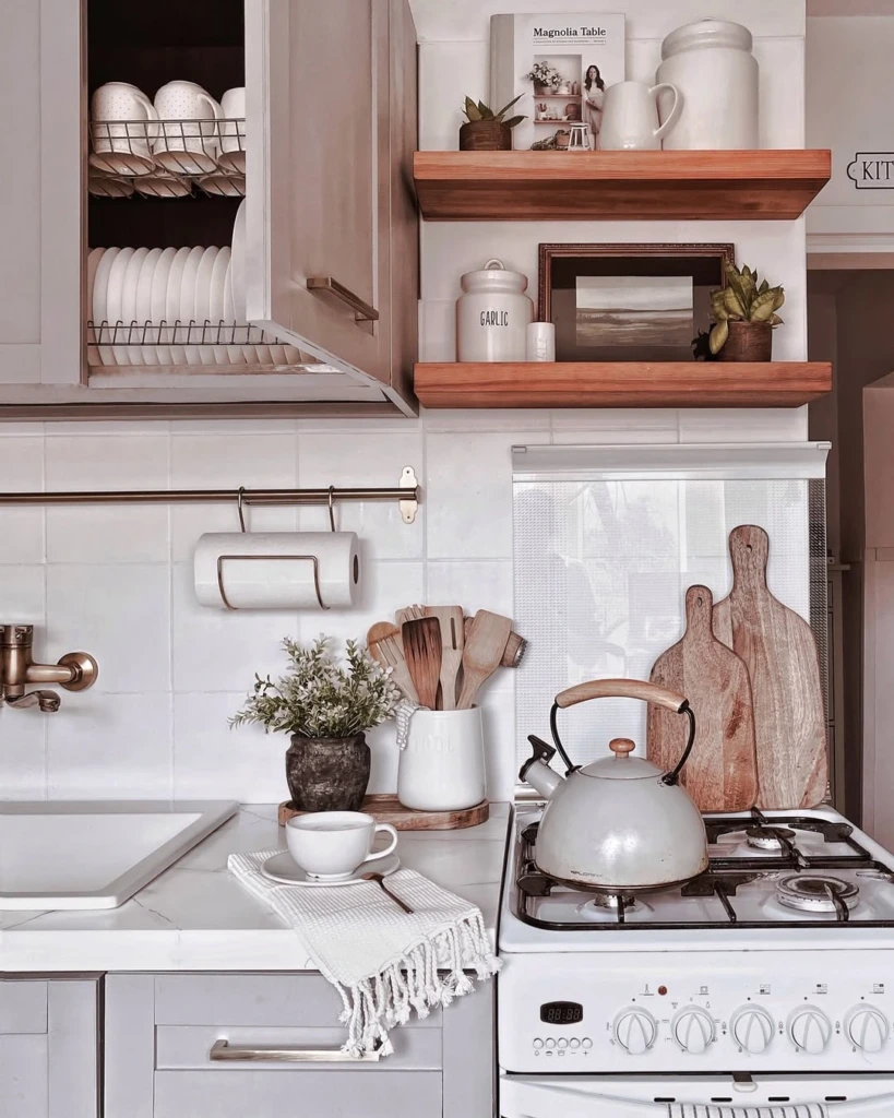 24. Soft Neutral Kitchen with Cozy Shelf Styling