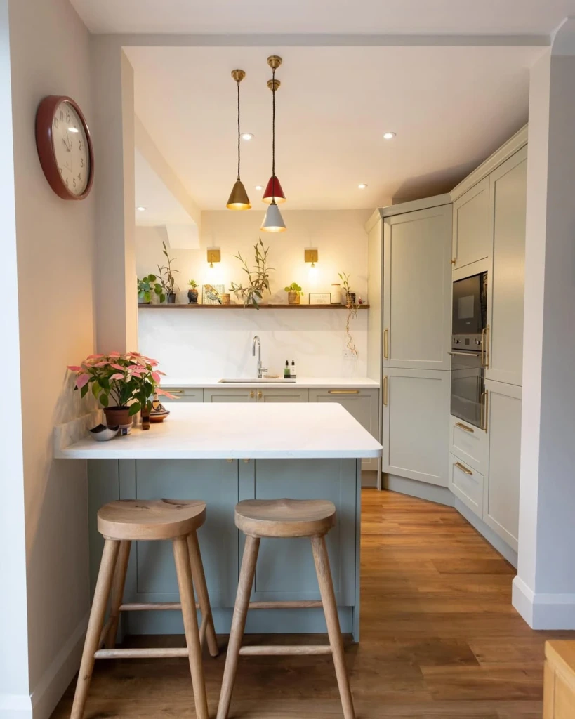 27. Soft Green Kitchen with Minimal Shelf Accent