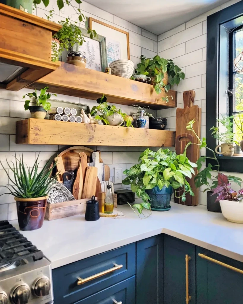 28. Lush Green Shelf Styling with Natural Layers