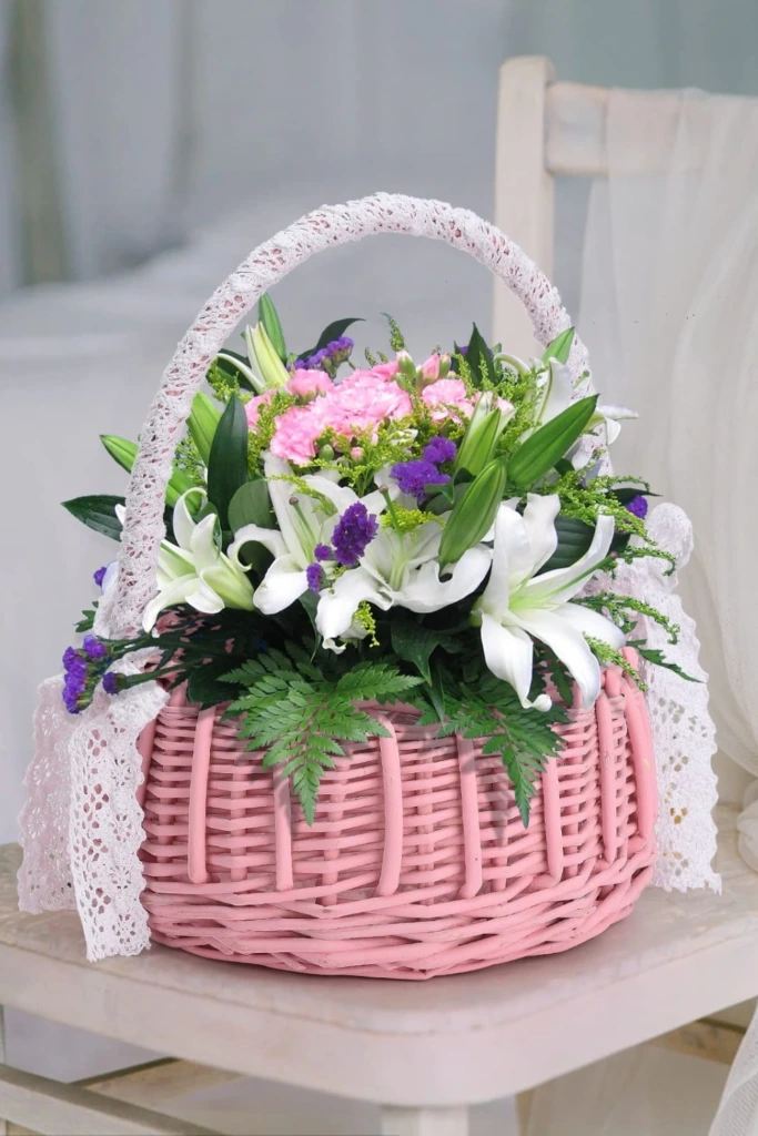 2. Lampshade Basket with Vibrant Pink Blossoms