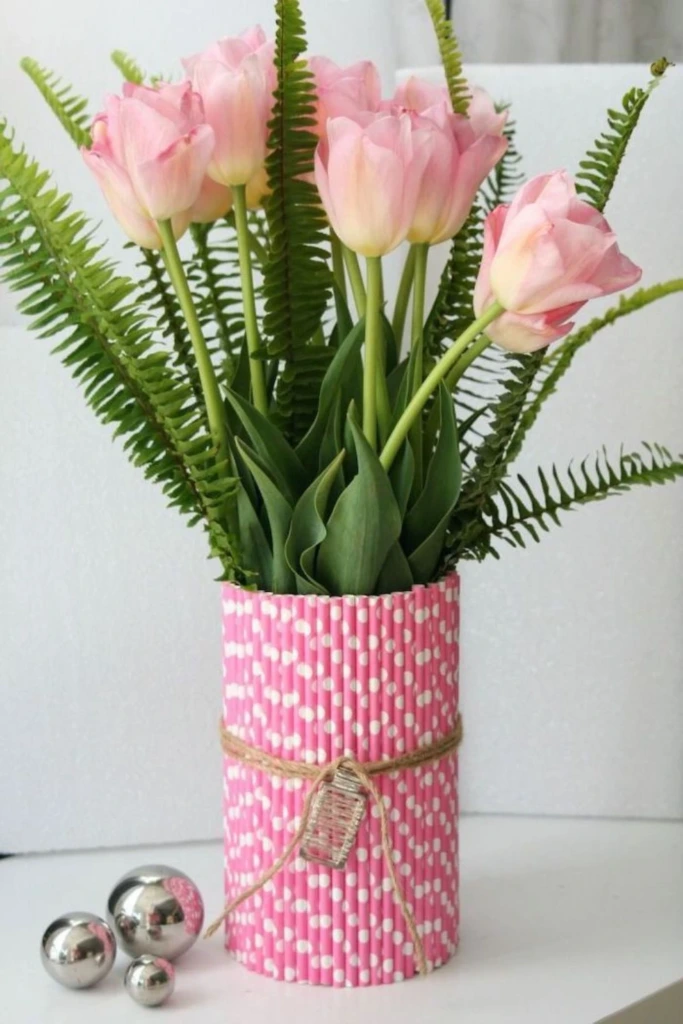 3. Straw Vase with Ferns and Tulips