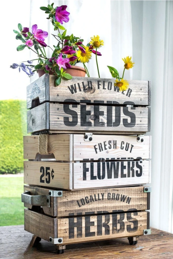 17. Bloom Stenciled Crate Flower Caddy