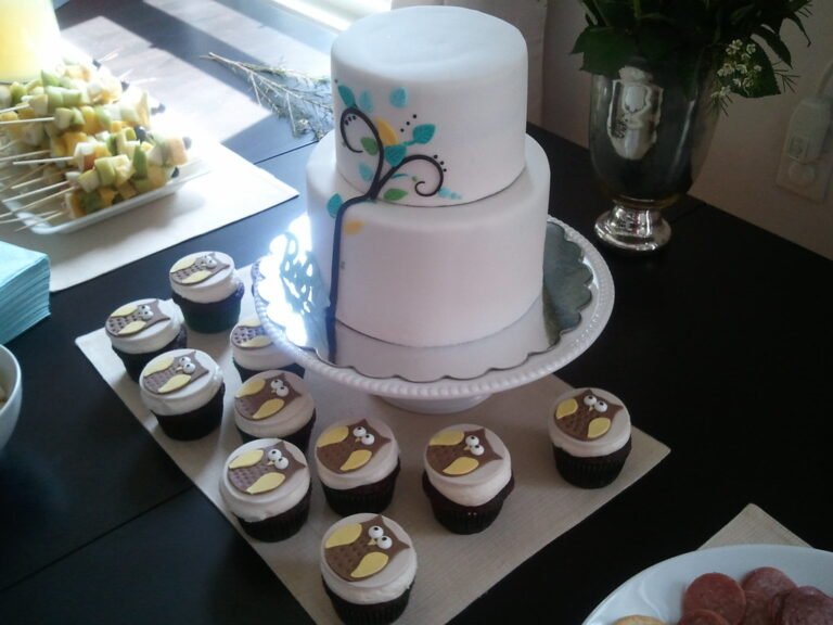 Baby shower cake and cupcake dessert table