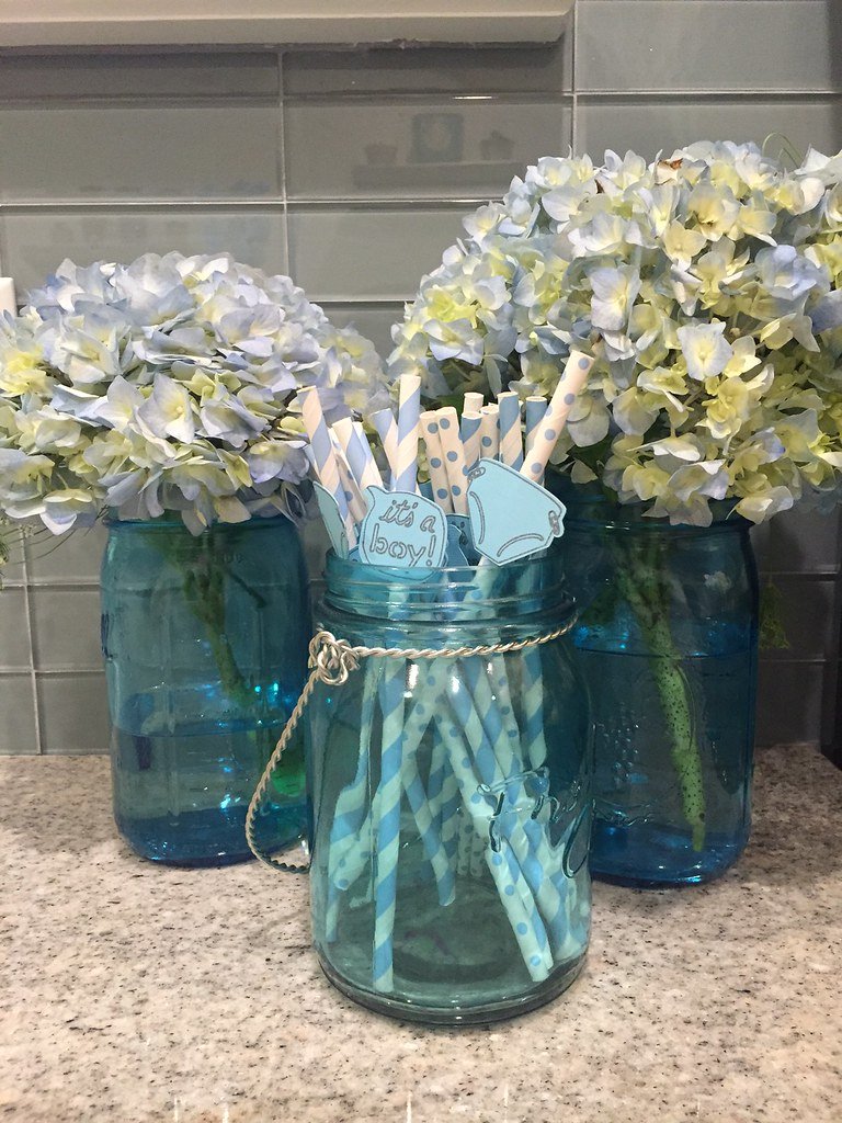 Blue mason jar baby shower decorations