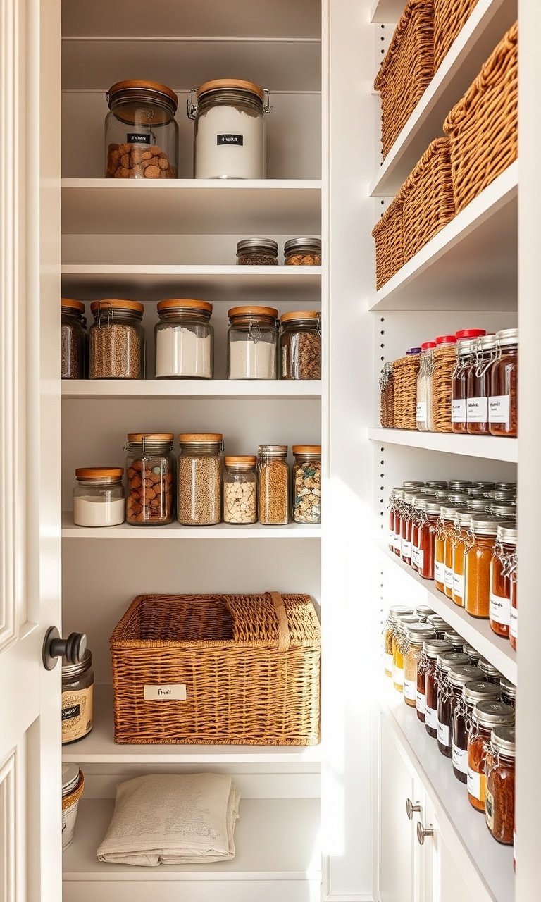 Bright small pantry with glass jars, woven baskets and a tiered spice rack on white shelves