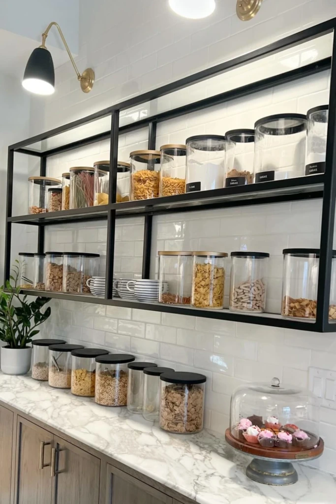 Open Shelf Display with Modern Glass Containers