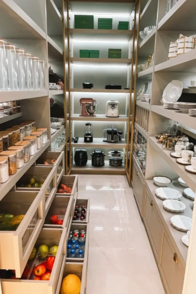 Luxe Pantry with Pull-Out Drawers and Layered Lighting