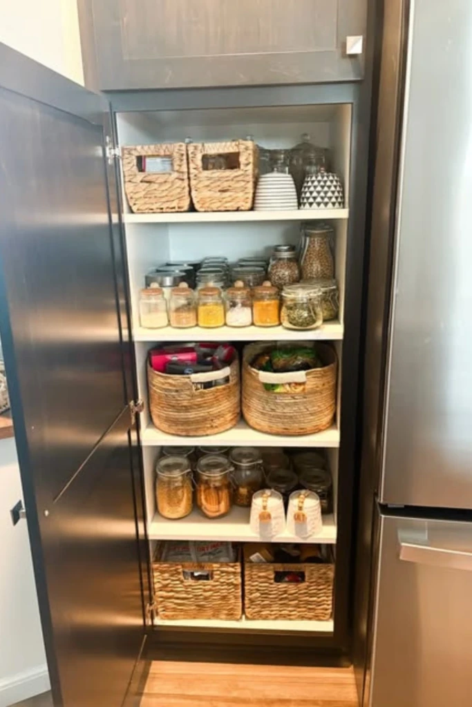 Small Cabinet Pantry with Woven Storage Baskets