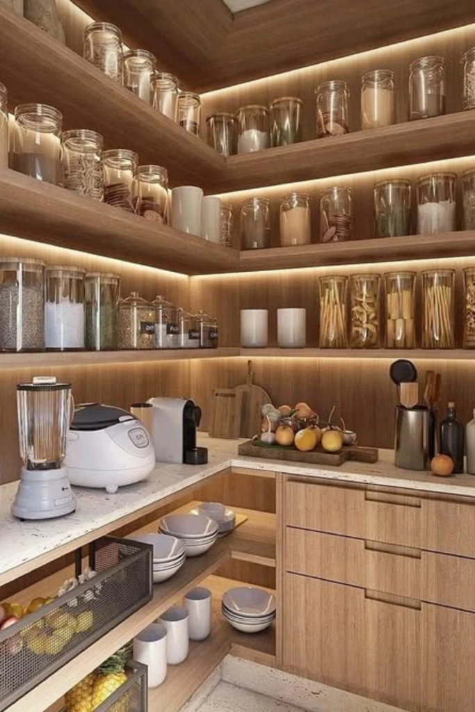 Warm Pantry with Built-In Lighting and Glass Jars