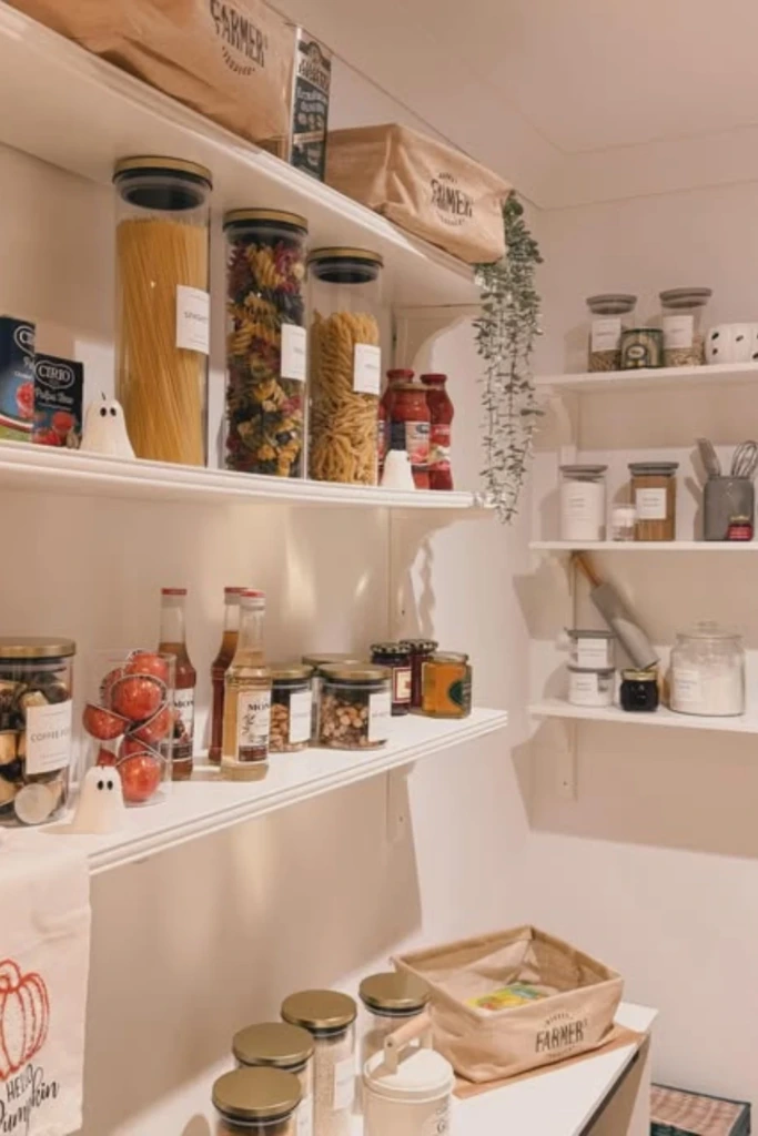 Softly Styled Pantry with Warm Lighting and Clear Containers