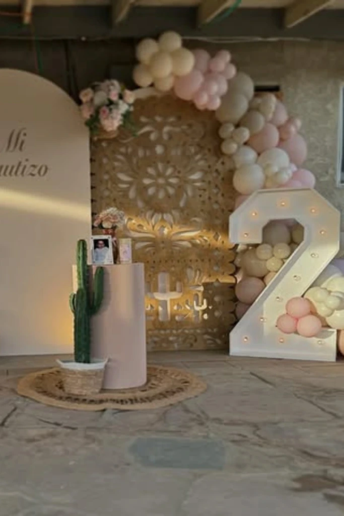 Elegant Neutral Balloon Arch with Marquee Numbers