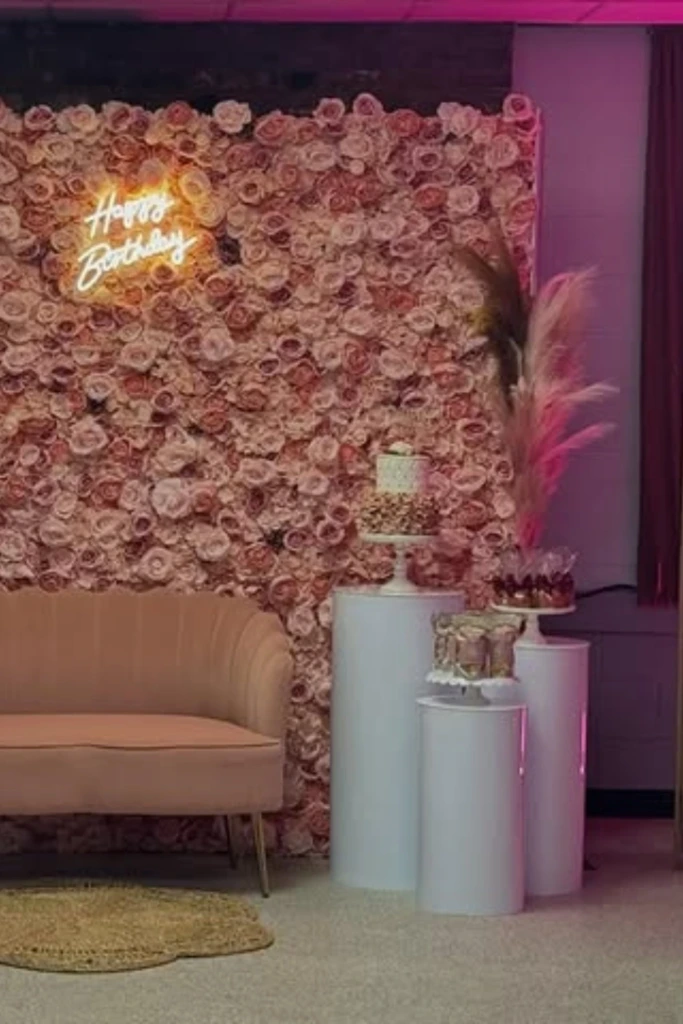 Glam Rose Wall with Lounge Seating