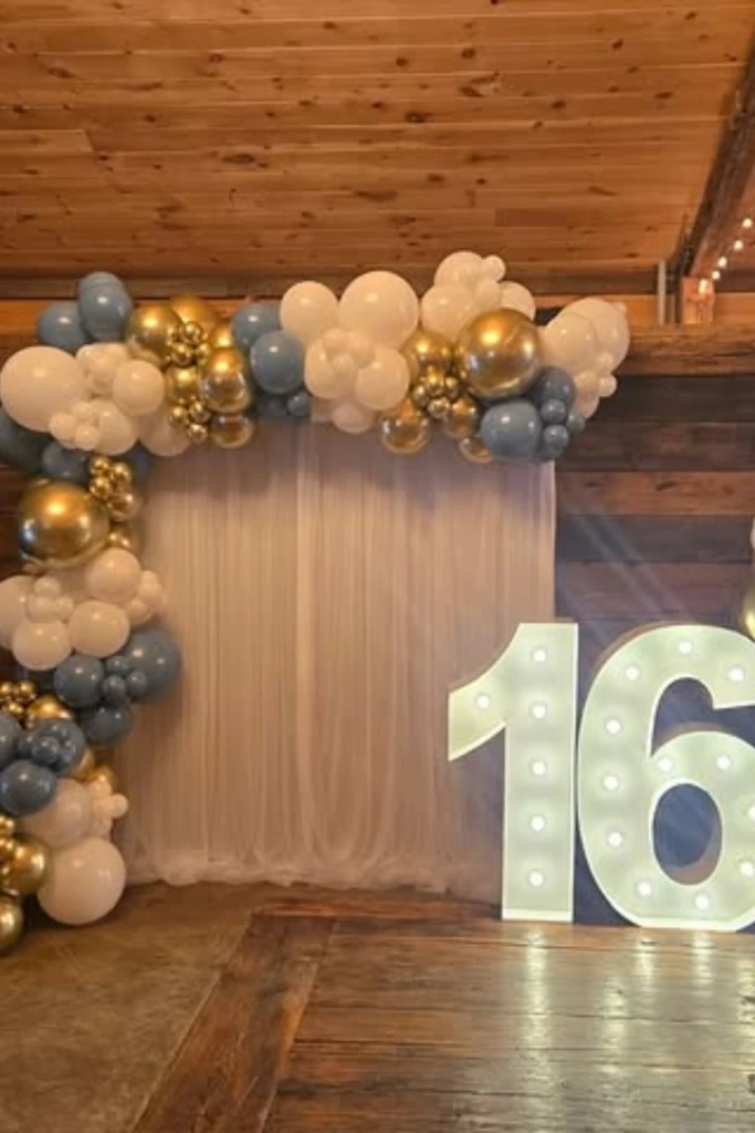 Rustic Balloon Arch with Marquee Numbers